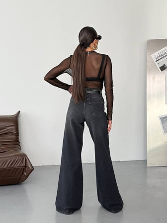Yüksek Bel Geniş Paça Denim Jean Pantolon