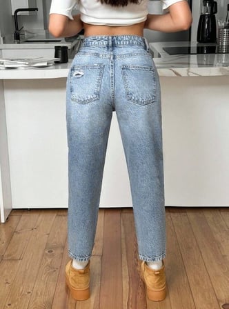 Kadın Yüksel Bel Mom Jean  Pantolon %100 cotton Esneme yok