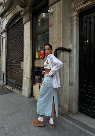 Yüksek Bel  Denim Midi Etek – Arkası Yırtmaçlı Jean Etek