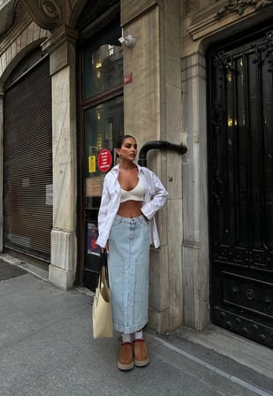 Yüksek Bel  Denim Midi Etek – Arkası Yırtmaçlı Jean Etek