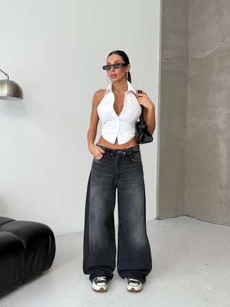 HerTon Baggy Wide Leg Kadın Jean Pantolon %100 Cotton Düşük Bel Bol Paça