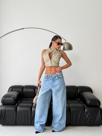 HerTon Baggy Wide Leg Kadın Jean Pantolon %100 Cotton Düşük Bel Bol Paça