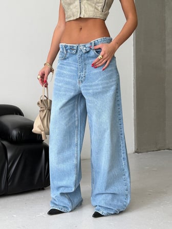HerTon Baggy Wide Leg Kadın Jean Pantolon %100 Cotton Düşük Bel Bol Paça