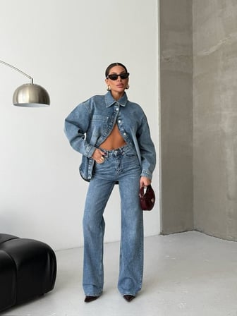 Kadın Yıkamalı Denim Takım - Oversize Kot Gömlek Ceket ve Wide Leg Jean Set