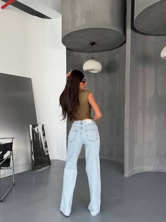 Kadın Yüksek Bel Bol Paça Jean Pantolon – Az Esnek Pamuklu Kot
