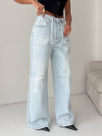 Bağlama Detaylı Yüksek Bel Bol Paça Açık Denim Jean
