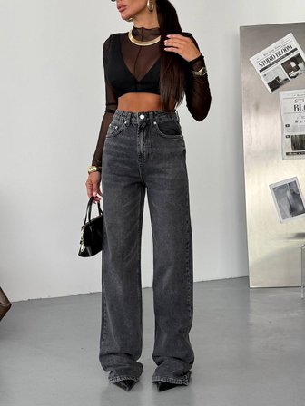 Kadın Yüksek Bel Wide Leg Jean Pantolon - %100 Pamuk  Denim