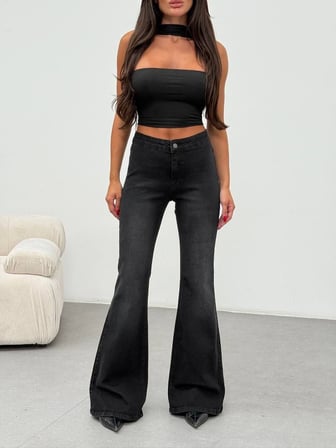 Yüksek Bel İspanyol Paça Jean Pantolon - Toparlayıcı Etkili Dark Blue Flare Denim