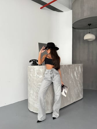 HerTon Yüksek Bel Asimetrik Düğmeli Jean - Gri Wide Leg Geniş Paça Denim Pantolon