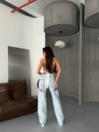 Yüksek Bel Wide Leg %100 Pamuk Kadın Jean Pantolon –  Bol Paça Denim