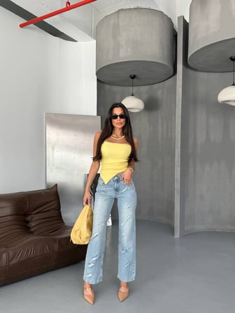 kadın yırtık detaylı straight fit %100 pamuk jean pantolon