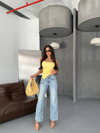Kadın Yırtık Detaylı Straight Fit %100 Pamuk Jean Pantolon