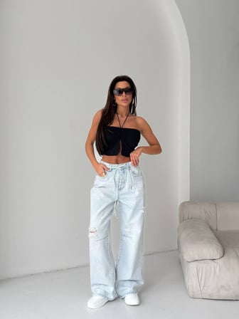 Bağlama Detaylı Yüksek Bel Bol Paça Açık Denim Jean