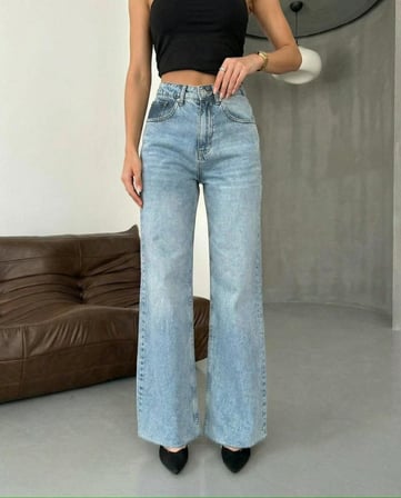 Kadın Yüksek Bel Wide Leg Jean  Geniş Paça Denim Pantolon