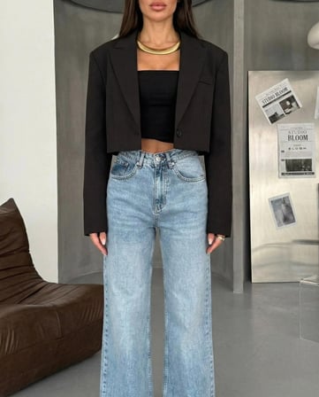 Kadın Yüksek Bel Wide Leg Jean  Geniş Paça Denim Pantolon