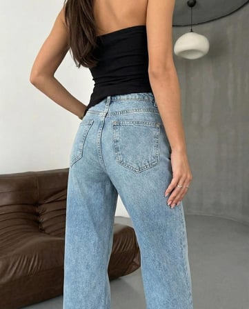 Kadın Yüksek Bel Wide Leg Jean  Geniş Paça Denim Pantolon