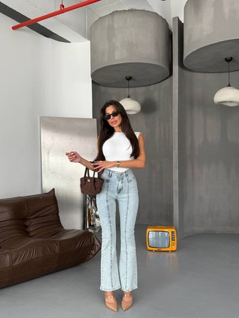 Kadın Buz Mavisi Yüksek Bel Wide Leg Jean Pantolon - Boru Paça Ham Kesim Denim