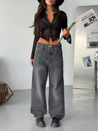 HerTon Kadın Baggy Jean Pantolon - Geniş Paça %100 Pamuk Normal Bel Salaş Denim