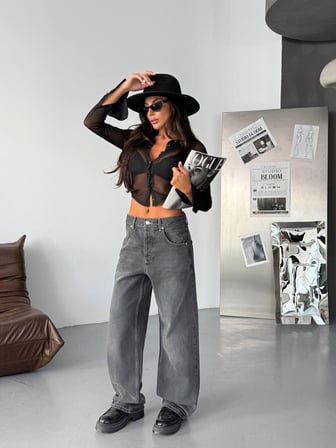 HerTon Kadın Baggy Jean Pantolon - Geniş Paça %100 Pamuk Normal Bel Salaş Denim