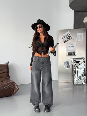 HerTon Kadın Baggy Jean Pantolon - Geniş Paça %100 Pamuk Normal Bel Salaş Denim
