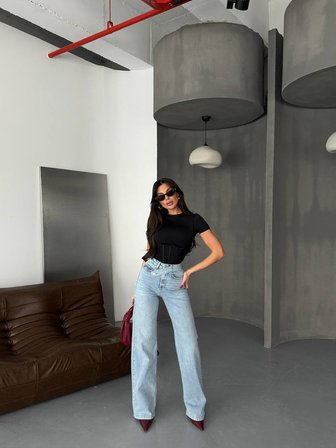 HerTon Kadın Yüksek Bel Asimetrik Çapraz Kemer Wide Leg Jean –  %98 Pamuk Bol Paça Pantolon