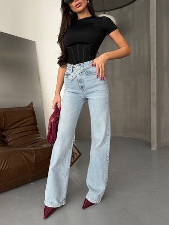 HerTon Kadın Yüksek Bel Asimetrik Çapraz Kemer Wide Leg Jean –  %98 Pamuk Bol Paça Pantolon