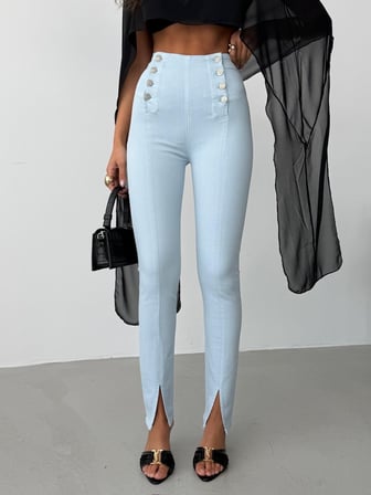 Kadın Yüksek Bel Düğme Detaylı Skinny Jean - Paçası Yırtmaçlı Dar Pantolon Kesim