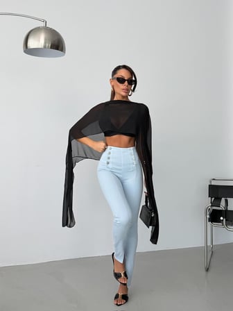 Kadın Yüksek Bel Düğme Detaylı Skinny Jean - Paçası Yırtmaçlı Dar Pantolon Kesim