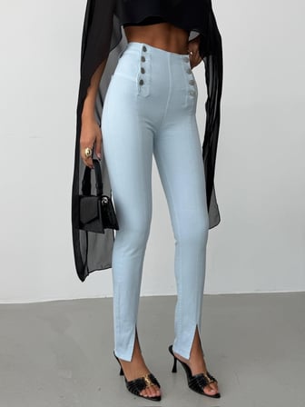 Kadın Yüksek Bel Düğme Detaylı Skinny Jean - Paçası Yırtmaçlı Dar Pantolon Kesim