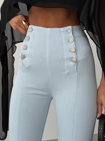 Kadın Yüksek Bel Düğme Detaylı Skinny Jean - Paçası Yırtmaçlı Dar Pantolon Kesim
