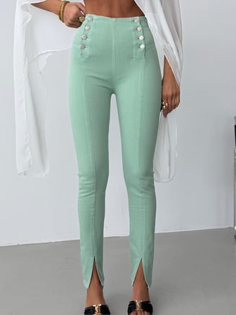 Kadın Yüksek Bel Düğme Detaylı Skinny Jean - Paçası Yırtmaçlı Dar Pantolon Kesim