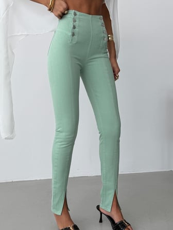 Kadın Yüksek Bel Düğme Detaylı Skinny Jean - Paçası Yırtmaçlı Dar Pantolon Kesim