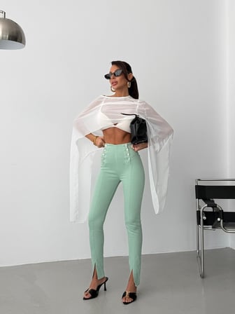Kadın Yüksek Bel Düğme Detaylı Skinny Jean - Paçası Yırtmaçlı Dar Pantolon Kesim