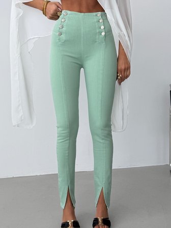 Kadın Yüksek Bel Düğme Detaylı Skinny Jean - Paçası Yırtmaçlı Dar Pantolon Kesim