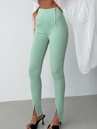 Kadın Yüksek Bel Düğme Detaylı Skinny Jean - Paçası Yırtmaçlı Dar Pantolon Kesim