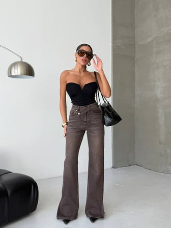 Kadın Yüksek Bel Çapraz Kemer Wide Leg Jean – %100 Pamuk Denim Pantolon