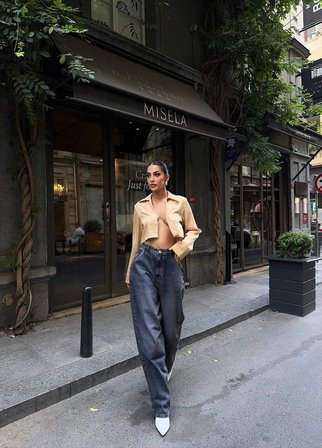 HerTon Kadın Gri Füme Geniş Paça %100 Pamuk Jean Pantolon - Yüksek Bel Salaş Denim