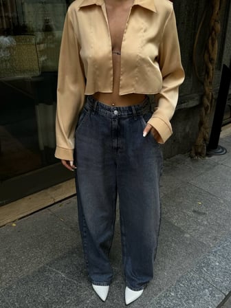 HerTon Kadın Gri Füme Geniş Paça %100 Pamuk Jean Pantolon - Yüksek Bel Salaş Denim