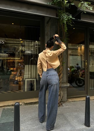 HerTon Kadın Gri Füme Geniş Paça %100 Pamuk Jean Pantolon - Yüksek Bel Salaş Denim