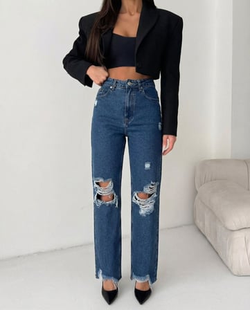 Kadın  Dizleri Yırtık %100 Pamuk Jean Pantolon - Paçası Kesik Mom Fit Denim