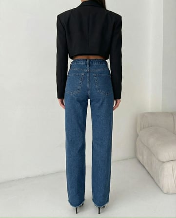 Kadın  Dizleri Yırtık %100 Pamuk Jean Pantolon - Paçası Kesik Mom Fit Denim