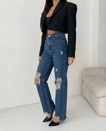 Kadın  Dizleri Yırtık %100 Pamuk Jean Pantolon - Paçası Kesik Mom Fit Denim