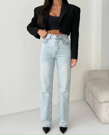 Kadın Yüksek Bel %100 Pamuk Jean Pantolon - Düz Kesim Straight Denim