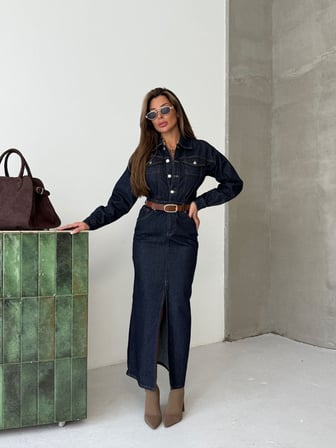 HerTon Kadın İndigo Denim Elbise - %60 Pamuklu Viskon Karışımlı Maksi Jean Elbise - Yırtmaçlı Denim Şıklığı