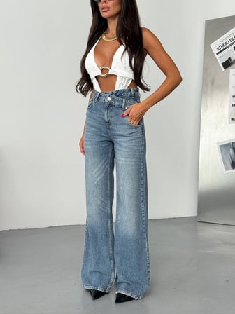 HerTon Kadın Mavi %98 Pamuk Geniş Paça Jean Pantolon - Düşük Esnemeli Comfort Wide Leg Denim