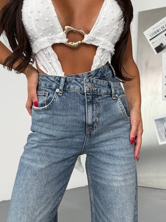 HerTon Kadın Mavi %98 Pamuk Geniş Paça Jean Pantolon - Düşük Esnemeli Comfort Wide Leg Denim