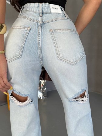 Yüksek Bel Yırtık Detaylı Geniş Paça Denim Pantolon
