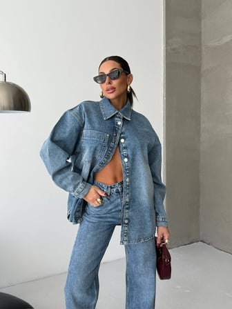 Kadın Yıkamalı Denim Takım - Oversize Kot Gömlek Ceket ve Wide Leg Jean Set