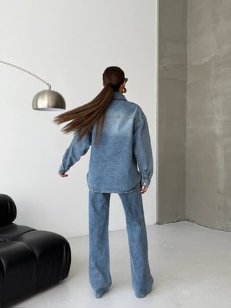 Kadın Yıkamalı Denim Takım - Oversize Kot Gömlek Ceket ve Wide Leg Jean Set