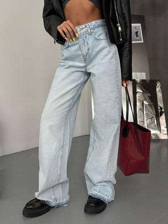 HerTon Kadın Çoklu Yırtık Detaylı Wide Leg Jean - %100 Pamuk Full Distressed Bol Paça Pantolon